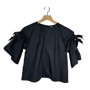 Pearl by Lela Rose Boho Top Sz XS Black Bow Detail Bell Sleeve Peasant Poplin